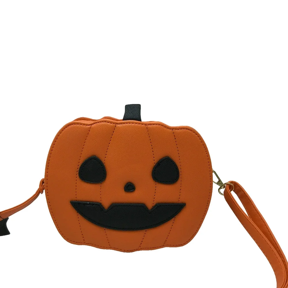 Jack-o-Lantern Halloween Pumpkin Bats Crossbody Bag Zip Detachable Strap Orange